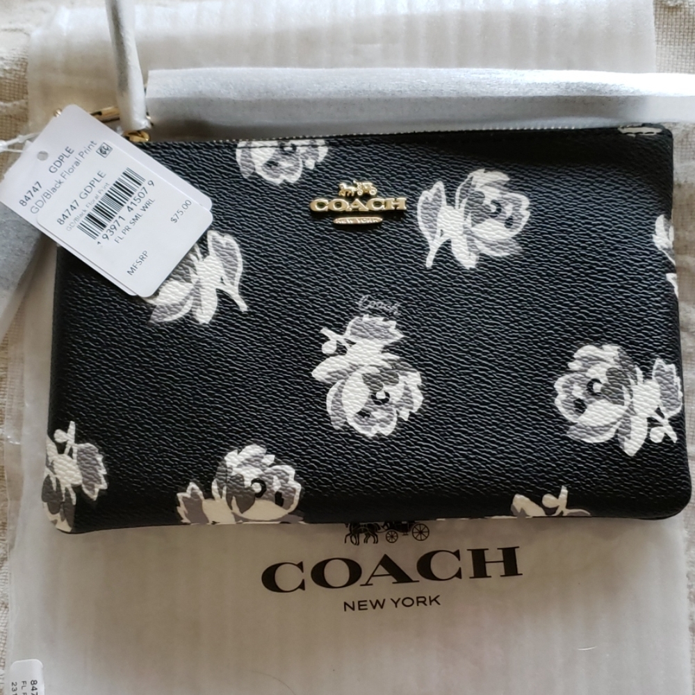 Leather Coach Black Leather Floral Wristlet